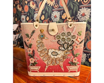VTG Collins of Texas In The Pink Jewel Box Bag Peacock Bird Handbag 1960s whimsy