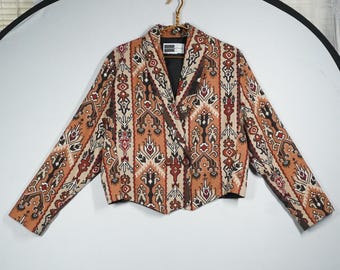 VTG 90s Rhonda Stark Southwestern Tapestry Cropped Jacket Rust Tan L Western
