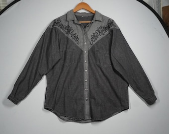 VTG Western Two Tone Grey Black Denim Embroidered Button Down Shirt XL 90s Rodeo