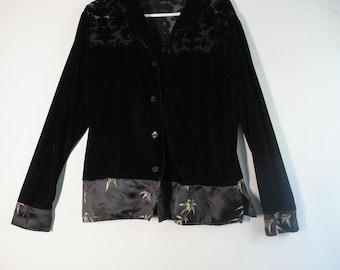 Vtg Velvet Burnout Button Up Blouse Black Floral Trim L Witchy Sheer Whimsigoth