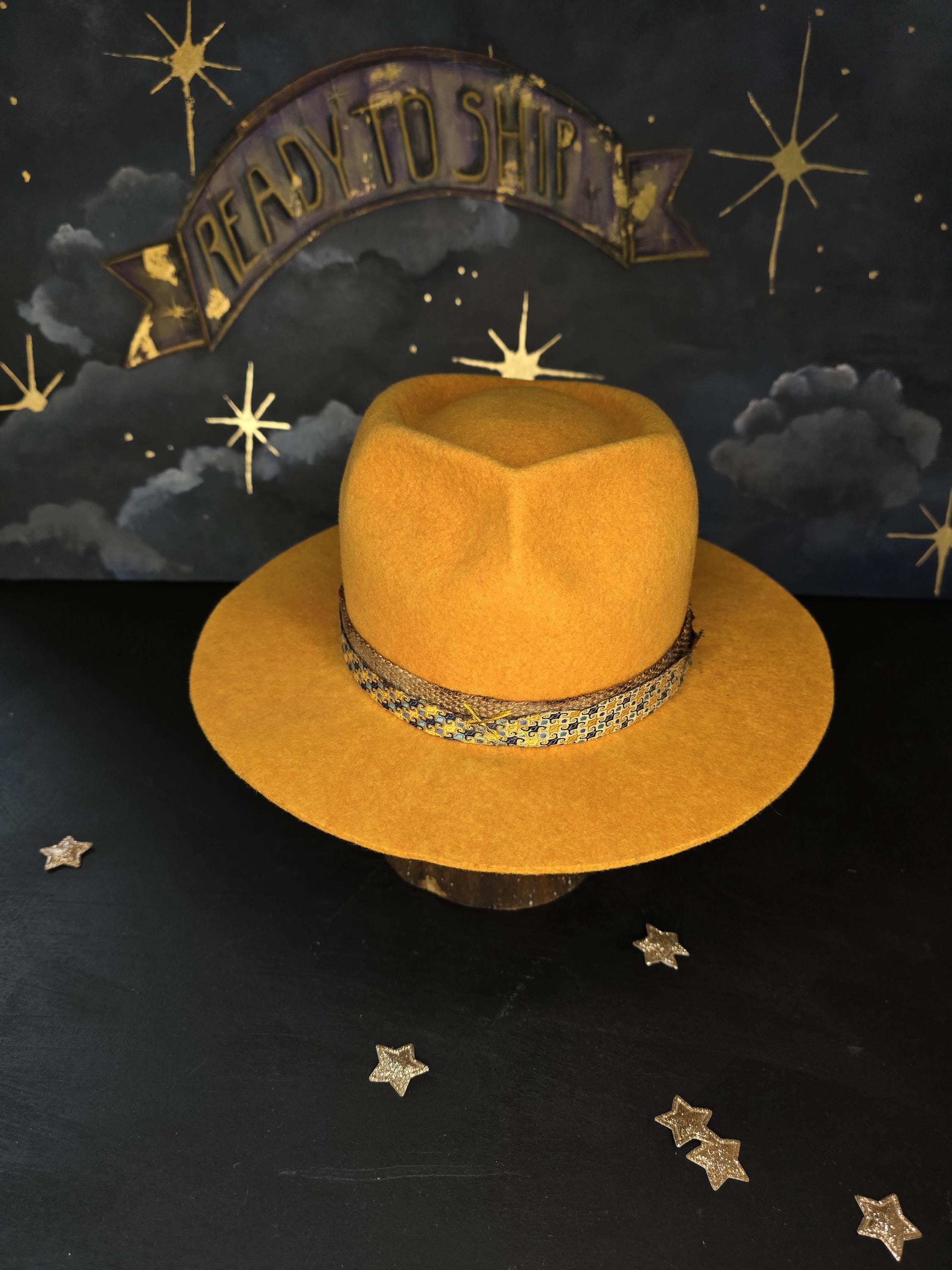 Yellow Wool Felt Fedora Hat, Silk Jute Band, Italian Riviera  display picture 2