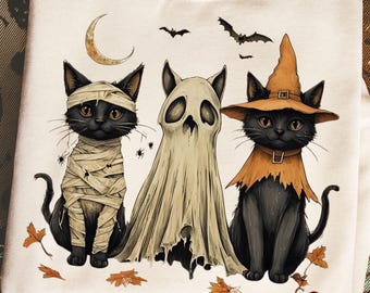 May include: A cream-colored sweatshirt featuring a graphic of three figures: a black cat wrapped in bandages, a ghost draped in a white sheet, and a black cat wearing an orange witch hat and collar. A crescent moon and bats are above.