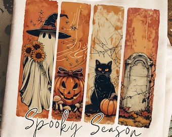 Temporada espeluznante PNG, fantasma de Halloween vintage, Halloween femenino PNG, diseño de camiseta de calabaza de otoño coqueta, Halloween moderno PNG