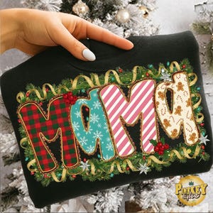 Mama Christmas PNG, Patchwork Holiday Letters Sublimation, Retro Santa Pattern Png, Green Checkered Letters, Christmas Gift For mama