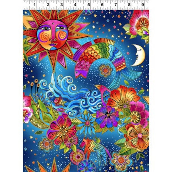 Laurel Burch Celestial Magic Toile Multi Bright Colors 1/2 Yard