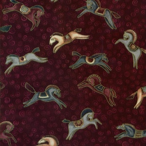 RARE Dancing Horses Laurel Burch Fabric Earthtone Horses on Burgandy SM 1/2 Yard