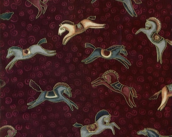 RARE Dancing Horses Laurel Burch Fabric Earthtone Horses on Burgandy SM 1/2 Yard