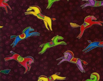 RARE Laurel Burch Fabric Dancing Horses Burgandy Bright Horses SM 1/2 Yard