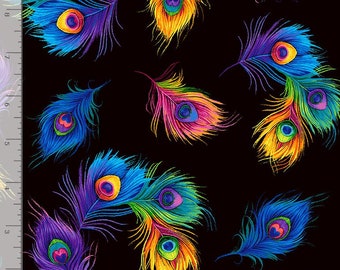 Glow Peacock Floating Feathers on Black 1 Yard