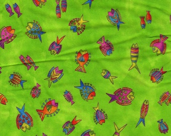 Laurel Burch Ocean Songs Fish on Lime Green 1 Yard Fabric