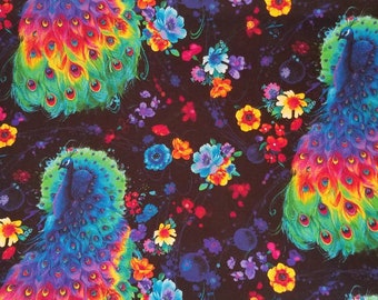 Glow Peacock and Flowers on Black All Over Print  1 Yard