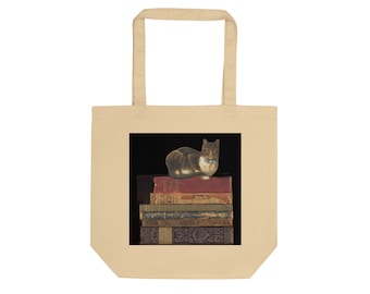 Cat on Books Tote Bag Eco-Friendly Organic Cotton Luxury Shopping School Unisex Gift, Black/Oyster 16x14x5 in. Bookish Art Print POD in U.S.
