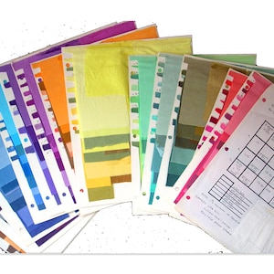 May include: A set of color swatches on paper, arranged in a fan shape. The swatches are organized by color, with each color represented by a series of graduated shades. The swatches are labeled with numbers and letters, and the paper is perforated for easy removal.