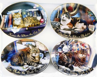 Bradford Exchange Kitty Corners Collection, Complete Set 4 Porcelain Decorative Art Cat Plates 2002 Limited Edition Geoffrey Tristram Bradex