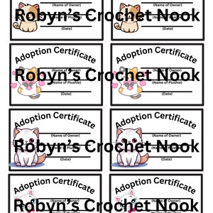 Tarjetas PDF de certificación de adopción de gatos para peluches de ganchillo, 8 por hoja