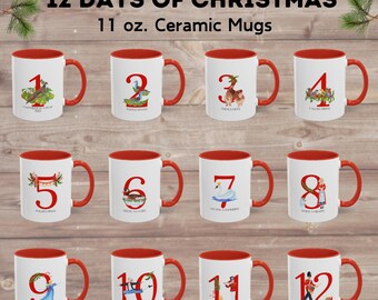 Set of Twelve Days of Christmas Mugs 11 oz. Christmas morning Christmas gifts Mom gift Ceramic mugs Holiday keepsake Christmas tradition