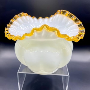 Vintage Fenton Milk Glass Gold Crest Ruffled Bowl