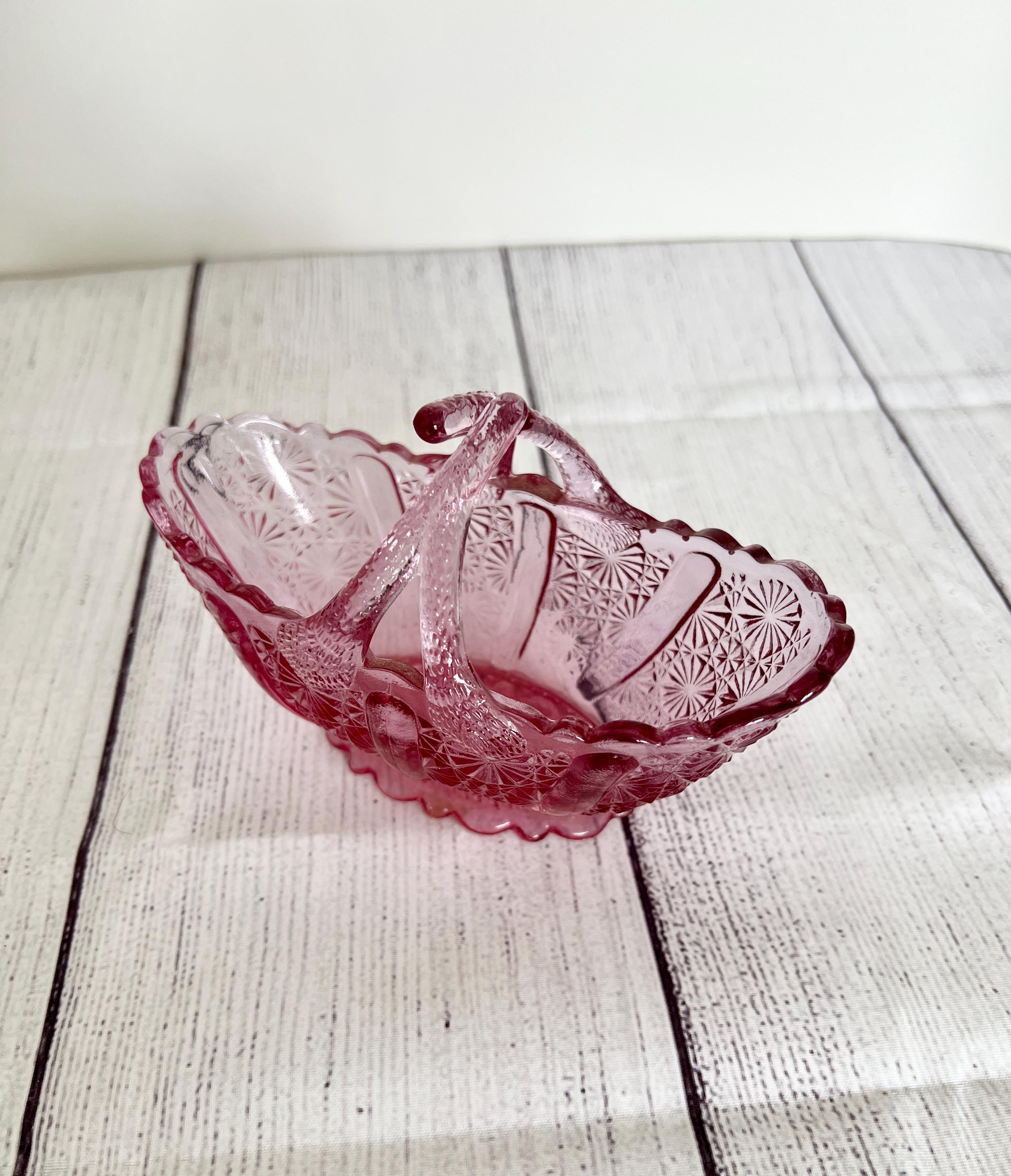Fenton Small Daisy and Button Split Handle Pink Glass Basket