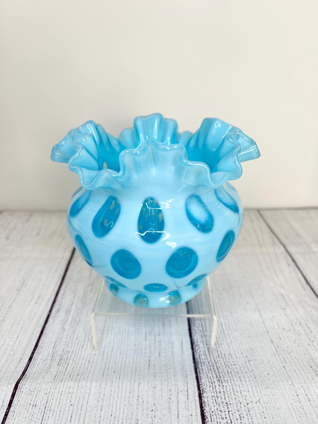 Vintage Fenton Aqua Blue Opalescent Coin Dot Double Crimped Vase 5 - Etsy
