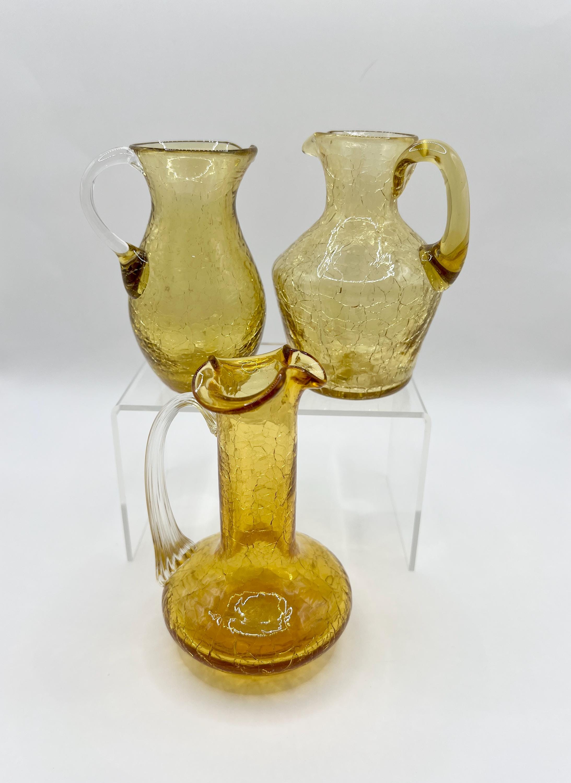 Vintage Amber Gold Crackle Glass Mini Vase Pitchers (set of 3)