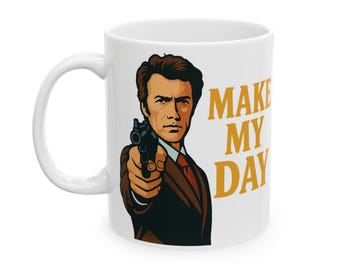 Taza de café "Alégrame el día" - 325 ml con frase inspirada en la película Clint Eastwood, un divertido regalo de vaqueros para fanáticos de las películas de acción y amantes del western clásico.