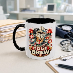 Taza de café Code Brew Accent, divertida taza de café con temática médica para enfermeras, médicos y personal hospitalario.
