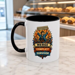 Merge Conflict Survivor Accent Coffee Mug, Funny Git Programmer Cup, Vintage Developer Gift
