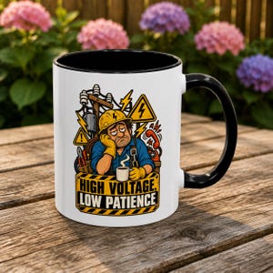 High Voltage Low Patience Electrician Coffee Mug, Funny Lineman Accent Cup, Electrical Worker Gift