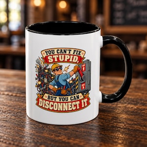 Taza de café con el divertido mensaje "No puedes arreglar el acento estúpido de un electricista", taza con interruptor de desconexión.