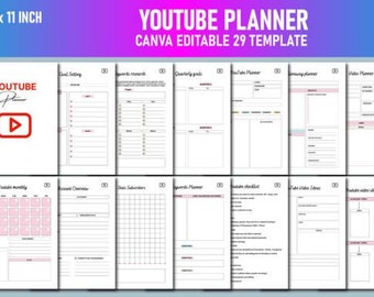May include: A printable YouTube planner with 29 templates for organizing your channel. The planner includes sections for goal setting, keyword research, quarterly goals, video planning, and more. The planner is 8.5 x 11 inches and is editable in Canva.