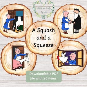 Puede incluir: Conjunto de ilustraciones caprichosas sobre rodajas de madera, que representan escenas de "A Squash and a Squeeze". Las imágenes muestran a un granjero con una vaca, un apretón de manos, un granjero con una cabra y un cerdo, y un granjero con una gallina. Texto: "A Squash and a Squeeze."