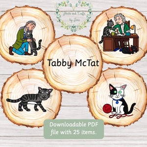 May include: Four round wooden coasters with illustrations of a man and cat. The coasters feature the text "Tabby McTat" and "Downloadable PDF file with 25 items."