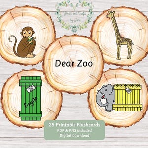 Può includere: Cinque grafiche circolari a forma di fetta di legno con illustrazioni di una scimmia, una giraffa, un elefante in una cassa gialla e una cassa verde. La fetta centrale mostra il testo Dear Zoo. L'immagine include il testo 25 Printable Flashcards.