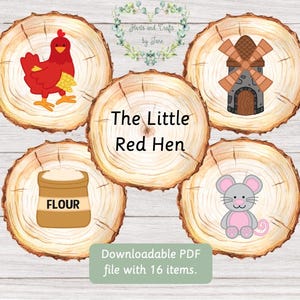 Może przedstawiać: Zestaw pięciu drewnianych kółek z ilustracjami z dziecięcej bajki "Czerwona Kurka". Ilustracje przedstawiają czerwoną kurkę, worek mąki, wiatrak, mysz i tytuł "Czerwona Kurka".