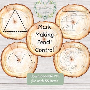 May include: Five wooden circles with different shapes drawn on them. The shapes include a triangle, a helicopter, a flower, a bee, and a series of arches. The text "Mark Making Pencil Control" is written on one of the circles.