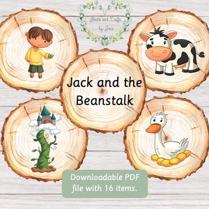 Op de afbeelding: Illustratie van personages uit "Jack and the Beanstalk" op houten schijven. Bevat Jack, een koe, een gans, een bonenstaak met een kasteel en de tekst "Jack and the Beanstalk". De tekst "Downloadbare PDF-bestand met 16 items" is ook aanwezig.