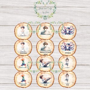 May include: A chart with 10 illustrated yoga poses for kids. Each pose is depicted on a round wooden cutout with a leafy border. The poses include mountain, seated forward bend, octopus, warrior, boat, tree, and more.