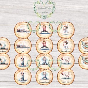 May include: A printable chart with illustrations of yoga poses for kids. The chart features 12 poses, each with a name and a cute illustration of a child doing the pose. The poses include upward dog, fish, star, bunny breath, butterfly, chair, elephant breath, and happy baby.