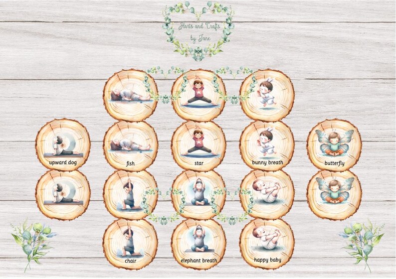 May include: A printable chart with illustrations of yoga poses for kids. The chart features 12 poses, each with a name and a cute illustration of a child doing the pose. The poses include upward dog, fish, star, bunny breath, butterfly, chair, elephant breath, and happy baby.