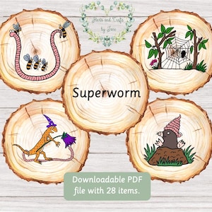 May include: A set of five wooden circle cutouts with illustrations of a superworm, a spider web, a lizard, a mole, and a worm. The text "Superworm" is written on one of the circles.