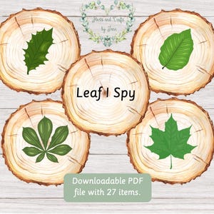 May include: A digital download featuring five wood slices with different green leaf illustrations. The text "Leaf I Spy" is in the center. The bottom of the image reads "Downloadable PDF file with 27 items."