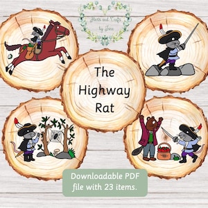 Può includere: Un set di 6 immagini di fette di legno stampabili con un topo in diverse scene. Le immagini sono intitolate "The Highway Rat" e includono un topo che cavalca un cavallo, un topo con una spada, un topo in un albero, un topo con una ragnatela, un topo con un cesto di bacche e un topo con un castoro.