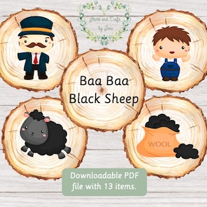 Peut inclure: Illustration numérique de la comptine « Baa Baa Black Sheep ». Elle présente un fermier, un mouton noir, un sac de laine et un monsieur. Le texte « Baa Baa Black Sheep » est affiché. Comprend un fichier PDF téléchargeable.