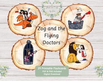 May include: Five circular wood slice graphics featuring Zog and the Flying Doctors illustrations. The central slice displays the text Zog and the Flying Doctors. Other slices show characters riding an orange dragon, a king in a castle, a person in a cage, and a doctor examining a lion. A green box at the bottom reads 29 Printable Flashcards PDF & PNG included Digital Download.