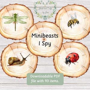 May include: A digital download featuring watercolour illustrations of insects on wood slices. The image includes a dragonfly, bee, snail, and ladybug. Text reads "Minibeasts I Spy" and "Downloadable PDF file with 93 items."