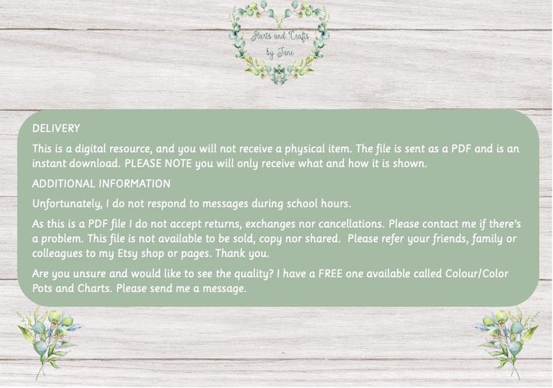 May include: Text on a green background with the words "Delivery", "This is a digital resource, and you will not receive a physical item. The file is sent as a PDF and is an instant download. PLEASE NOTE you will only receive what and how it is shown." and "Additional Information".