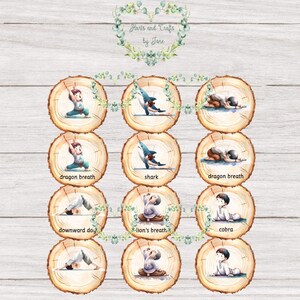 May include: A printable chart with 10 illustrated yoga poses for kids. Each pose is shown on a round wooden slice with a white background and the name of the pose written below. The poses include downward dog, cobra, lion's breath, dragon breath, and shark.