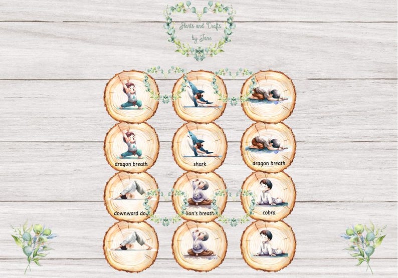 May include: A printable chart with 10 illustrated yoga poses for kids. Each pose is shown on a round wooden slice with a white background and the name of the pose written below. The poses include downward dog, cobra, lion's breath, dragon breath, and shark.