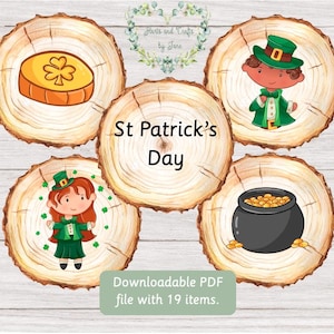 May include: A set of five printable St. Patrick's Day themed wood slice ornaments. The ornaments feature a leprechaun, a pot of gold, a shamrock, and the text "St. Patrick's Day".