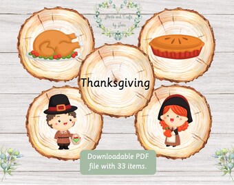 May include: Thanksgiving-themed digital art featuring a roasted turkey, pumpkin pie, and cartoon characters on wood slice backgrounds. The word "Thanksgiving" is displayed, along with a text that says "Downloadable PDF file with 33 items."